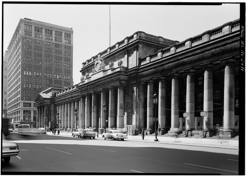 Historic American Buildings Survey, Cervin Robinson, Photographer May 8, 1962, EAST (SEVENTH AVENUE) FACADE FROM NORTHEAST. - Pennsylvania Station, 370 Seventh Avenue, West Thirty-first, Thirty-first-Thirty-third Streets, New York County, NY; Courtesy of The Library of Congress Prints and Photographs Division