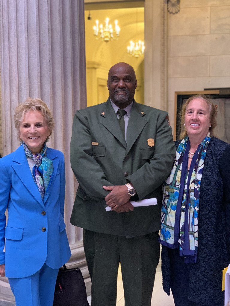 Warrie Price (The Battery Conservancy), Jimmy Cleckley (National Park Service), and Gale Brewer (Manhattan Borough President) share congratulations following the event. | Courtesy Josie Naron  
