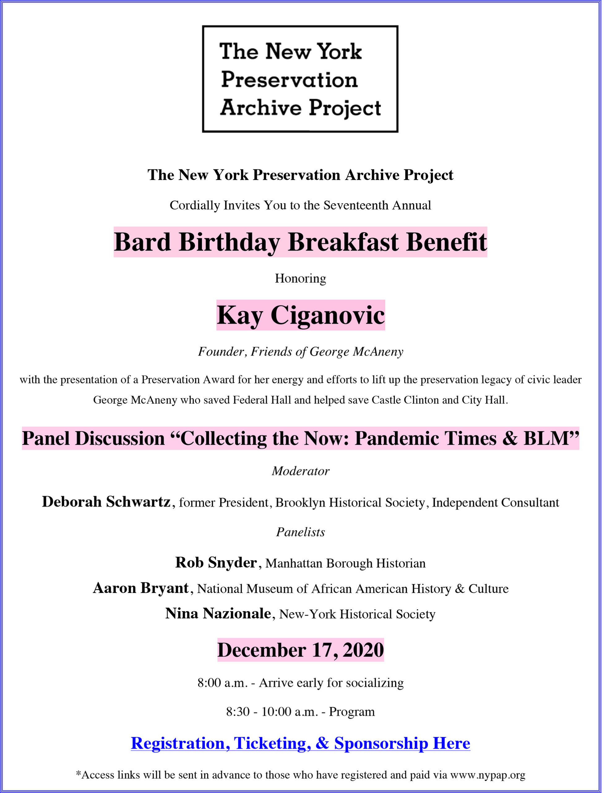 The New York Preservation Archive Project Bard Birthday Breakfast Benefit